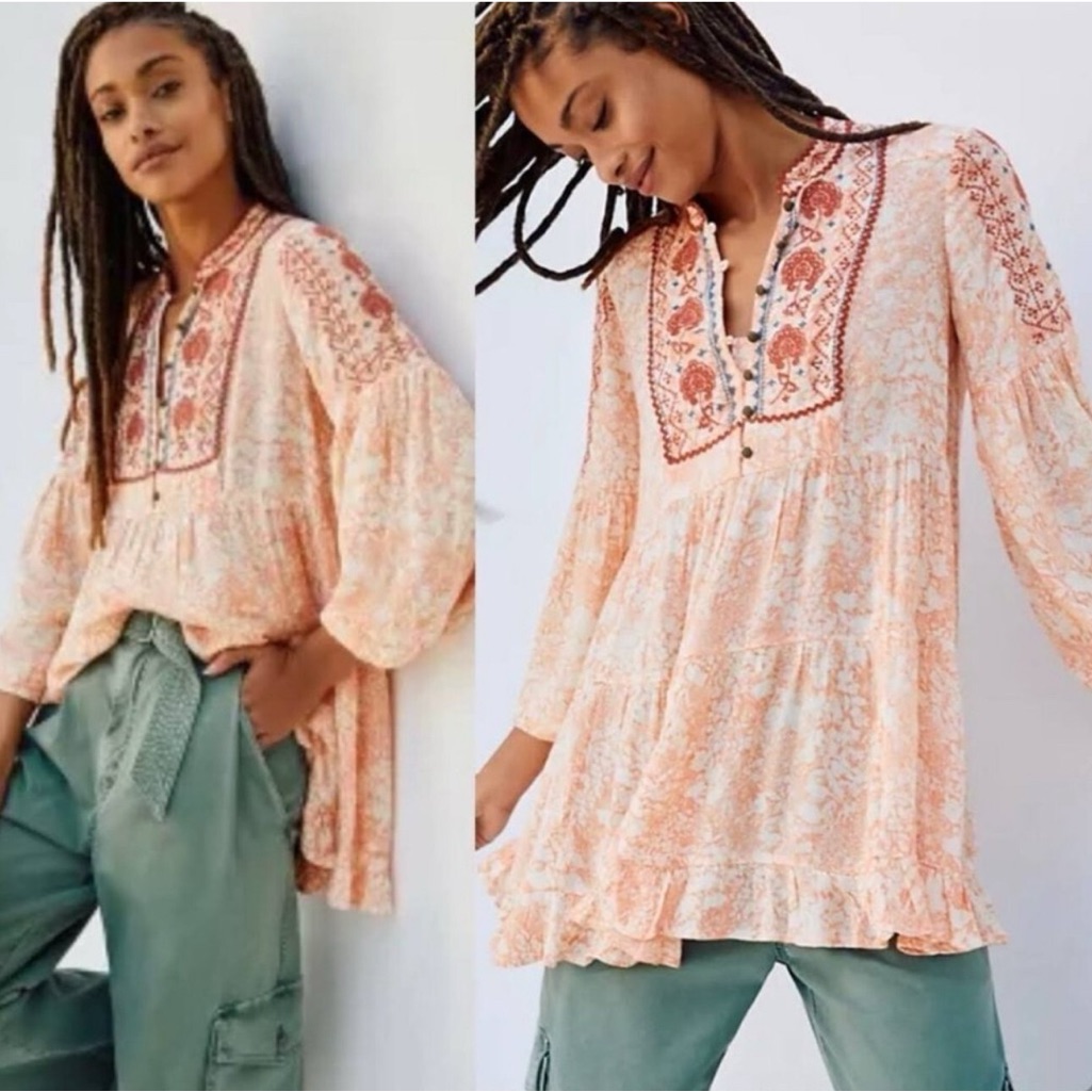Anthropologie Claudia Embroidered Babydoll Tunic Blouse Size L Orange Beach